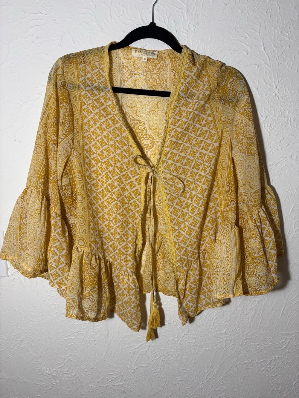 Boho Tie-Front Ruffle Cardigan Kimono Shawl - Mustard Yellow Paisley